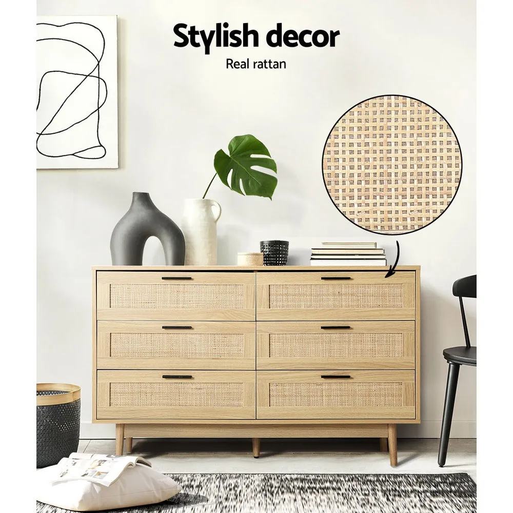 2 x Bedside Tables with Drawer & Tallboy With 6 Drawers Rattan Bedroom Package
