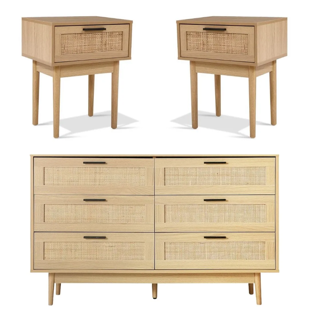 2 x Bedside Tables with Drawer & Tallboy With 6 Drawers Rattan Bedroom Package