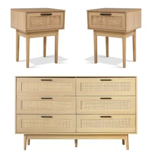 2 x Bedside Tables with Drawer & Tallboy With 6 Drawers Rattan Bedroom Package