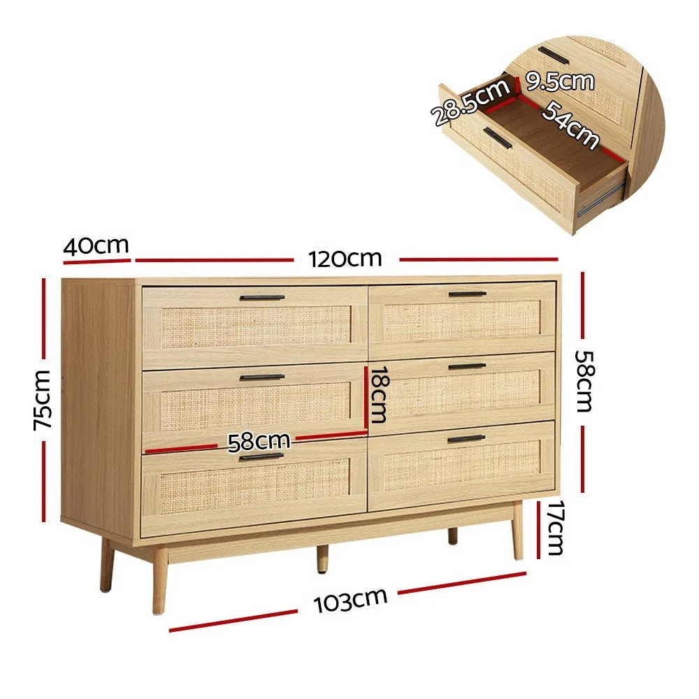 2 x Bedside Tables with Drawer & Tallboy With 6 Drawers Rattan Bedroom Package