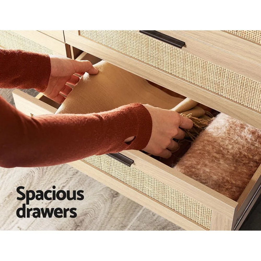 2 x Bedside Tables with Drawer & Tallboy With 6 Drawers Rattan Bedroom Package