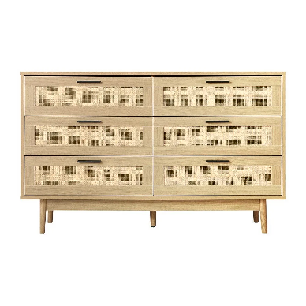 2 x Bedside Tables with Drawer & Tallboy With 6 Drawers Rattan Bedroom Package