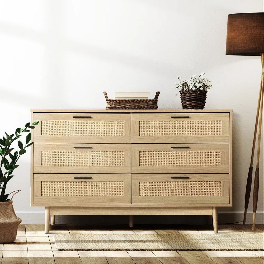2 x Bedside Tables with Drawer & Tallboy With 6 Drawers Rattan Bedroom Package