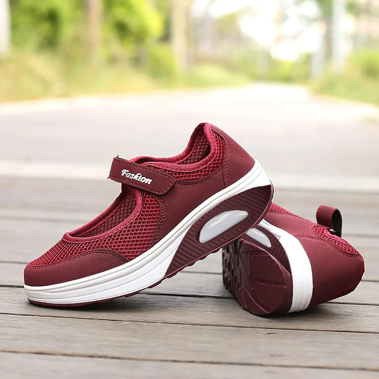 EMRELOD Womens Sneakers Platform Fashion Slip On Walking Shoes Breathable Running Shoes Lightweight Casual Breathable Mesh Low Top Gym Shoes Flat Non Slip Workout Shoes Play Sneakers (01-Wine, 8.5)