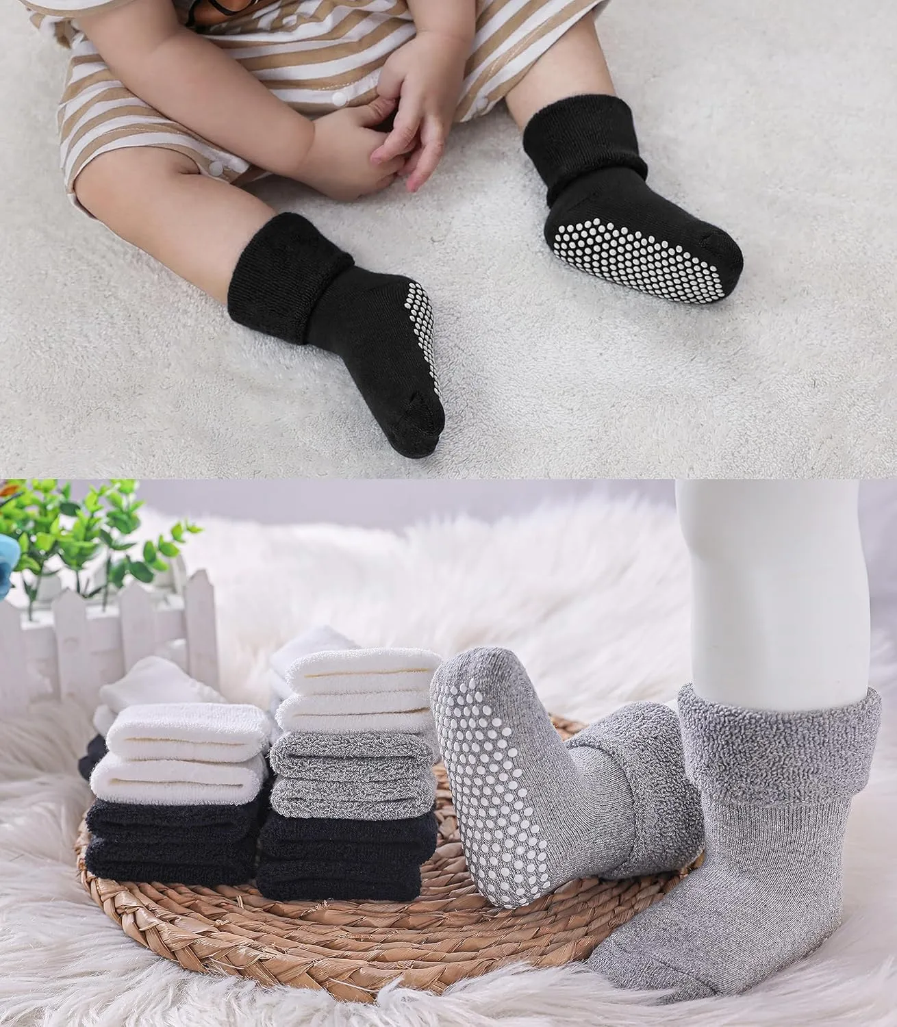 SDBING Baby Boys Girls Grips Socks Infant Toddlers Kids Non Slip Warm Thick Cotton Ankle Crew Socks with Grippers