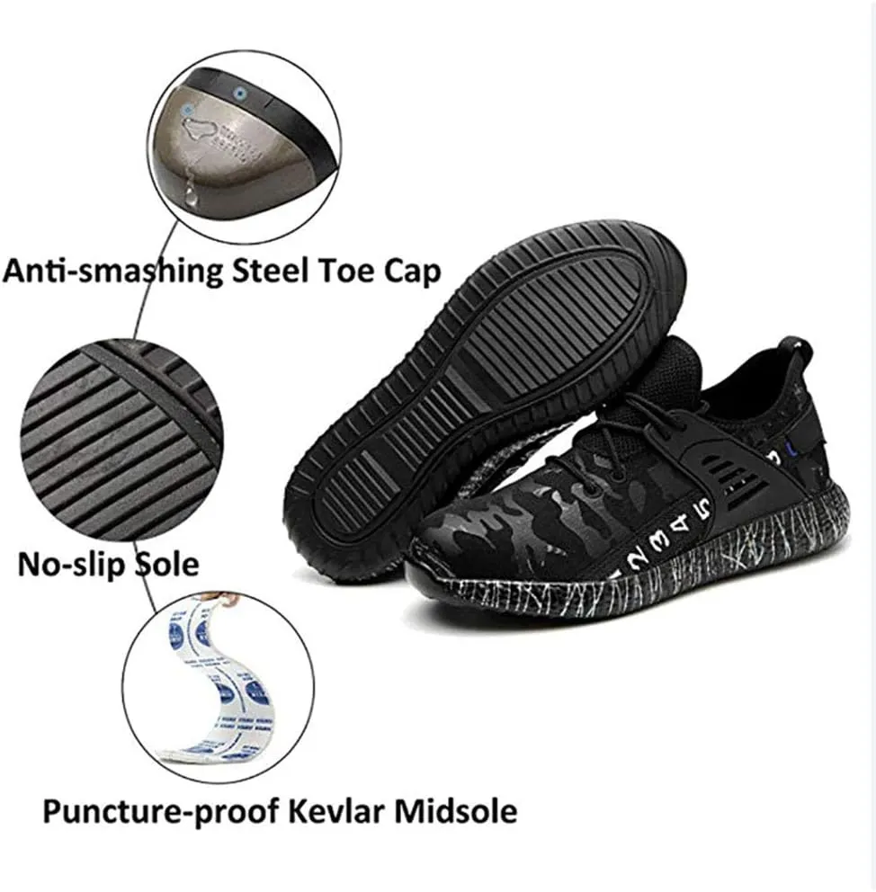 Wygwlg Mens Steel Toe Safety Shoes Work Shoes for Women,Slip Resistant Puncture Proof Industrial Construction Shoes Camouflage,Black-43