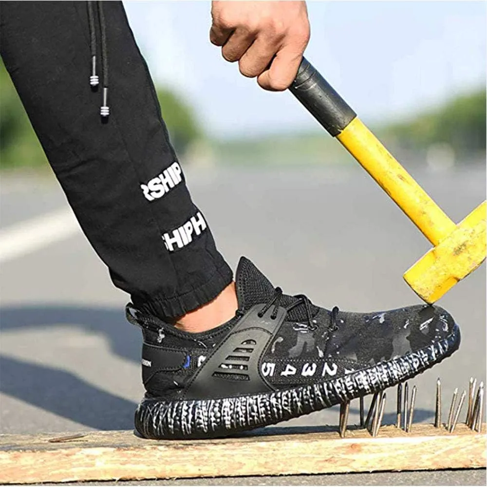 Wygwlg Mens Steel Toe Safety Shoes Work Shoes for Women,Slip Resistant Puncture Proof Industrial Construction Shoes Camouflage,Black-43